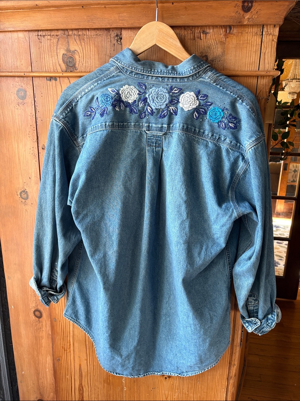 100% cotton Vintage Blue Denim Jacket with Embroidered Floral folk style